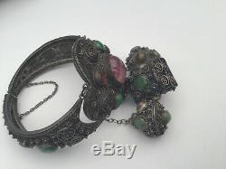 Antique Chinese Export Silver Jade & Pink Tourmaline Filigree Bracelet, Stunning
