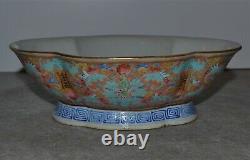 Antique Chinese Famille Rose Footed Lobed Bowl Bats Shou