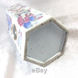 Antique Chinese Famille Rose Geometric 6-Sided Hat Stand Vase Figural Deities