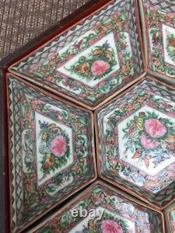 Antique Chinese Famille Rose Sweet Meat Porcelain Set with Flowers Wood Box NR