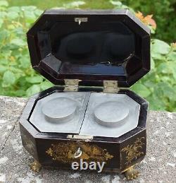 Antique Chinese Gilt Lacquered Tea Caddy with Pewter Containers