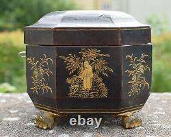 Antique Chinese Gilt Lacquered Tea Caddy with Pewter Containers