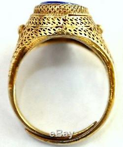 Antique Chinese Gold Gilded Silver and Lapis Lazuli Filigree Ring Size 7