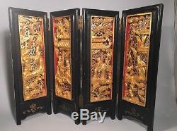 Antique Chinese Gold Gilt Wood Carving Lacquer Wood Four-folds Table Screen