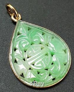 Antique Chinese Green White Hand Carved Jade 14k Solid Gold Necklace Pendant