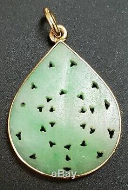 Antique Chinese Green White Hand Carved Jade 14k Solid Gold Necklace Pendant