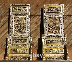 Antique Chinese HUGE Pair Of Gilt Red Lacquer Carved Wood Table Screens 92cm 36