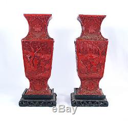 Antique Chinese Hand Carved Cinnabar Vases