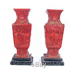Antique Chinese Hand Carved Cinnabar Vases