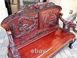 Antique Chinese Hand Carved Rosewood Dragon & Bird Bench Sofa Beautiful