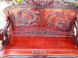 Antique Chinese Hand Carved Rosewood Dragon & Bird Bench Sofa Beautiful