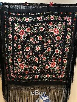 Antique Chinese Hand Embroidered Black Piano Shawl 137 X 140 Fringe 50 Cm