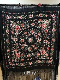 Antique Chinese Hand Embroidered Black Piano Shawl 137 X 140 Fringe 50 Cm