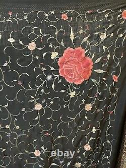 Antique Chinese Hand Embroidered Pure Silk Piano Shawl 51 X52 Fringe 14 Inches