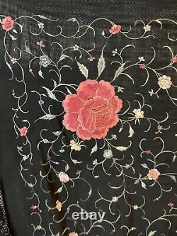 Antique Chinese Hand Embroidered Pure Silk Piano Shawl 51 X52 Fringe 14 Inches