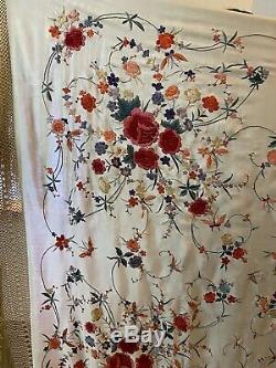 Antique Chinese Hand Embroidered Pure Silk Piano Shawl 54 X54 Fringe 20 Multi