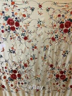 Antique Chinese Hand Embroidered Pure Silk Piano Shawl 54 X54 Fringe 20 Multi