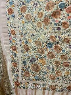 Antique Chinese Hand Embroidered Silk Piano Shawl 135 X 135 Fringe 55 Cm 2 Tone