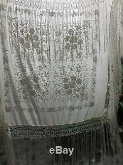 Antique Chinese Hand Embroidery Piano Shawl 43 X 44 Fringe 24