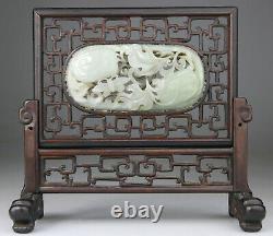 Antique Chinese Jade Nephrite White Celadon Plaque Wood Screen Ming 17th 19th