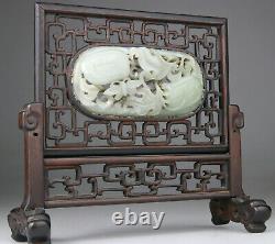 Antique Chinese Jade Nephrite White Celadon Plaque Wood Screen Ming 17th 19th