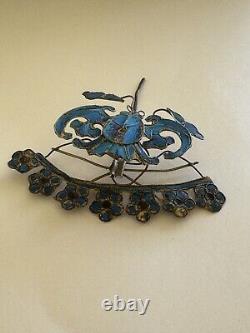 Antique Chinese Kingfisher Feather Hair Pin Bat Design