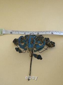 Antique Chinese Kingfisher Feather Hair Pin Bat Design