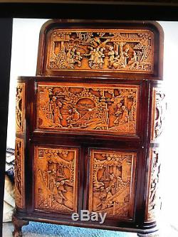Antique Chinese Lacquered Carved Camphor Wood Bar, Cabinet, Dragons, Court Scenes