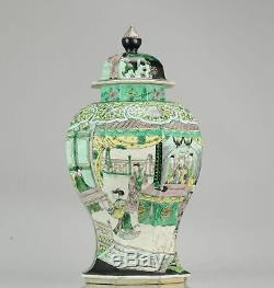 Antique Chinese Lidded Vase China Famille Noire Rare Green Kangxi Marked