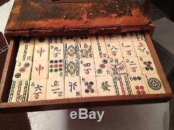 Antique Chinese Mahjong Set With Leather Wrapped Carrying Case Very Unique Piece