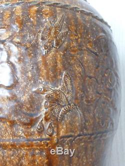 Antique Chinese Ming Dynasty Brown Glazed Storage Jar Birds Butterflies Flowers