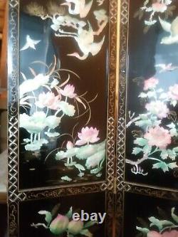 Antique Chinese Mother of Pearl 4 Panel Room Divider. Black Laquer 1940's 72