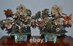 Antique Chinese Pair Jade Hardstone Carnelian Turquoise Plant Tree Cloisonne Pot