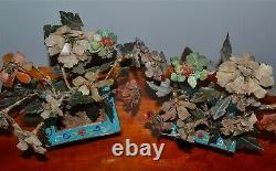 Antique Chinese Pair Jade Hardstone Carnelian Turquoise Plant Tree Cloisonne Pot