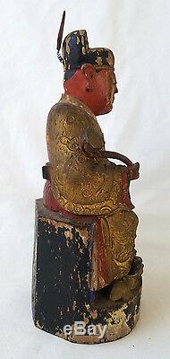 Antique Chinese Polychromed Carved Gilt Wood Emperor Figure 18th c