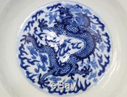 Antique Chinese Porcelain Dish Cup Bowl Blue White Dragon Guangxu Mark Qing 19th