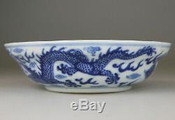 Antique Chinese Porcelain Dish Cup Bowl Blue White Dragon Guangxu Mark Qing 19th