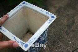 Antique Chinese Porcelain Hand Painted Blue & White Dragon Flower Square Pot