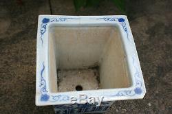 Antique Chinese Porcelain Hand Painted Blue & White Dragon Flower Square Pot