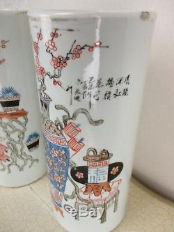 Antique Chinese Porcelain Republic Cylinder Vases Hat Stand Gold Trim