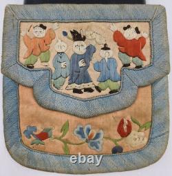 Antique Chinese Qing 19th Century Silk Embroidery Purse Children and Flowers