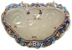 Antique Chinese Qing Carved Jade Filigree Silver Enameled Bat Shou Pin Pendant