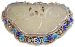 Antique Chinese Qing Carved Jade Filigree Silver Enameled Bat Shou Pin Pendant