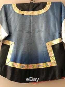 Antique Chinese Qing Dynasty Embroidered Silk Robe Blue Black 1920