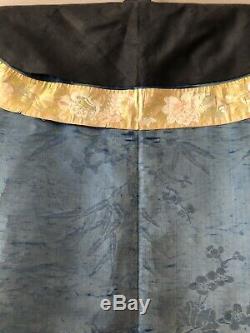 Antique Chinese Qing Dynasty Embroidered Silk Robe Blue Black 1920