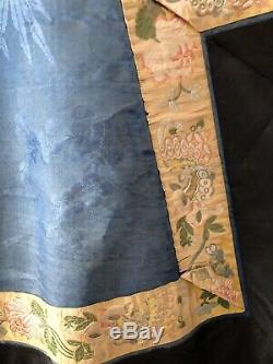 Antique Chinese Qing Dynasty Embroidered Silk Robe Blue Black 1920