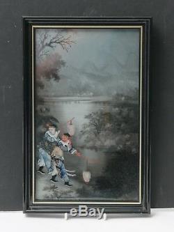 Antique Chinese Reverse Painting on Glass of Lantern Carries at Moonlit Pool