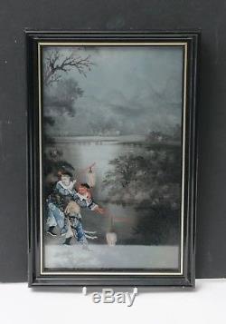 Antique Chinese Reverse Painting on Glass of Lantern Carries at Moonlit Pool