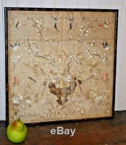 Antique Chinese Silk Embroidery Birds Butterflies Japanese Embroidered Panel #2