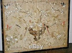 Antique Chinese Silk Embroidery Birds Butterflies Japanese Embroidered Panel #2